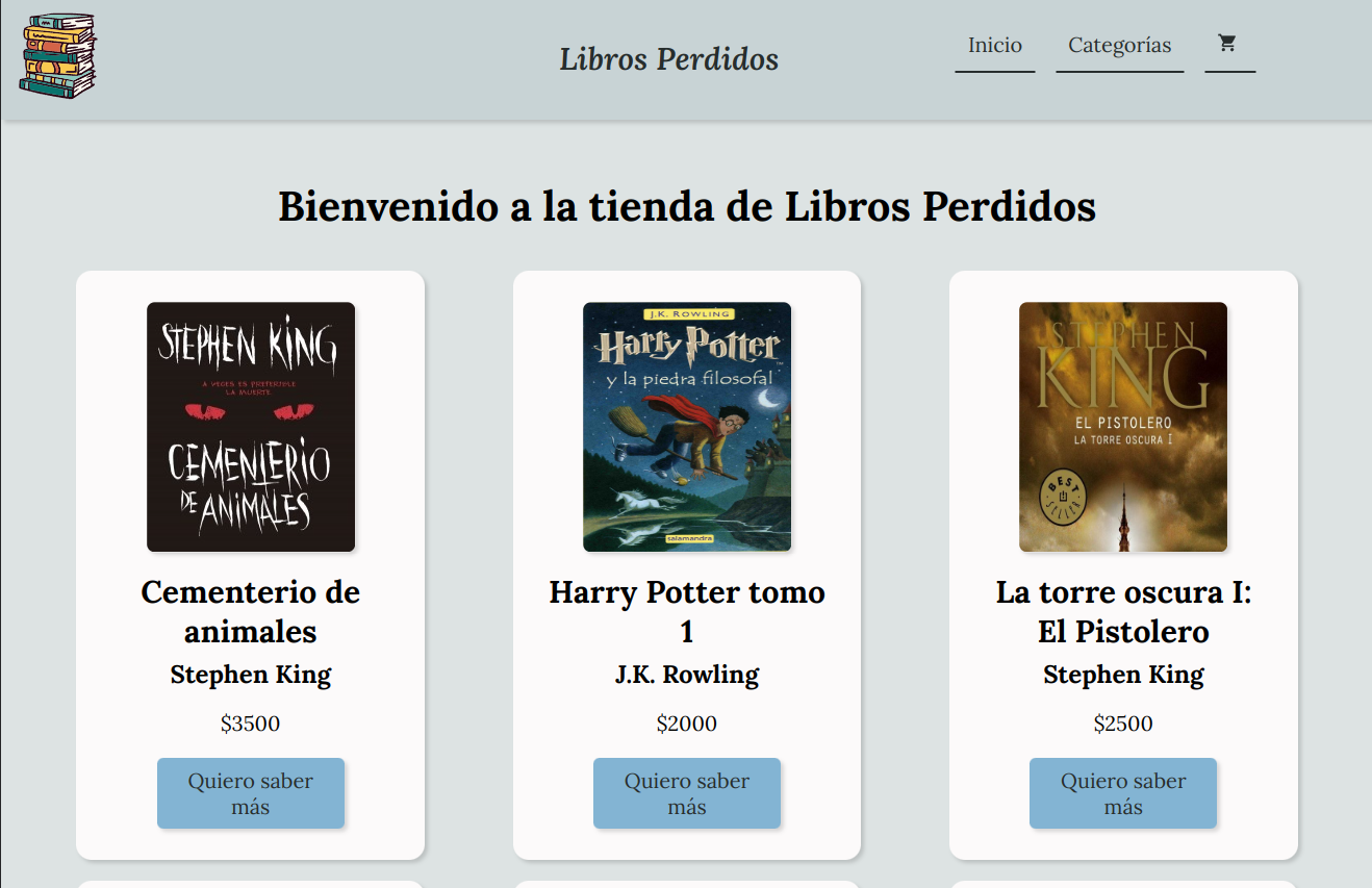 captura del index donde se ven algunos productos de libros perdidos